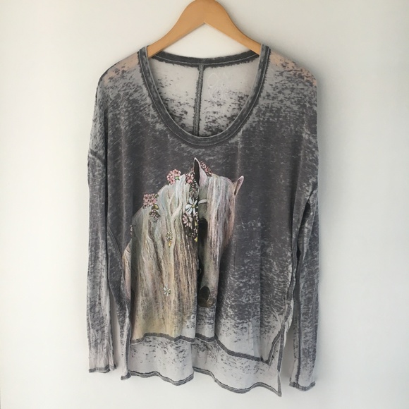 Chaser Horse Print Gray Burnout Long Sleeve Tee - Picture 1 of 8